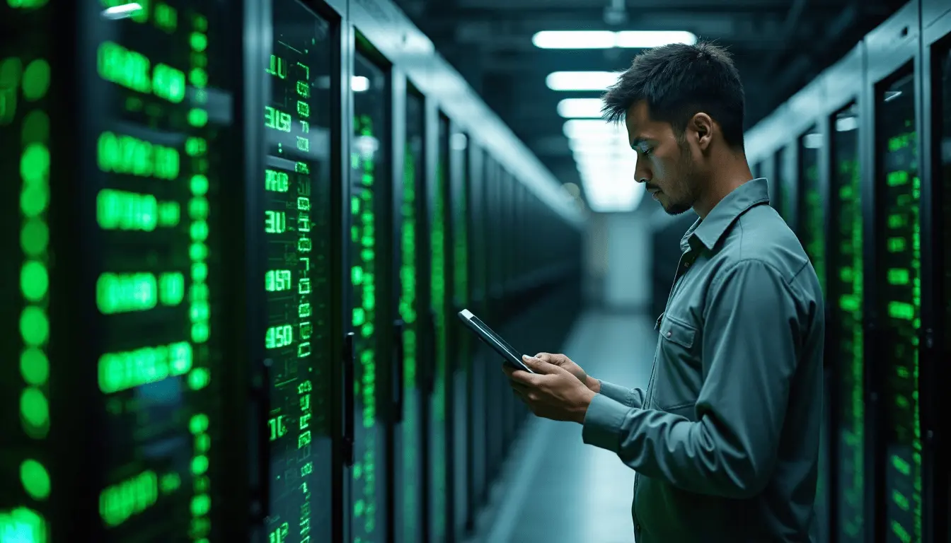 Technician in eco-friendly data center with digital banner overlay