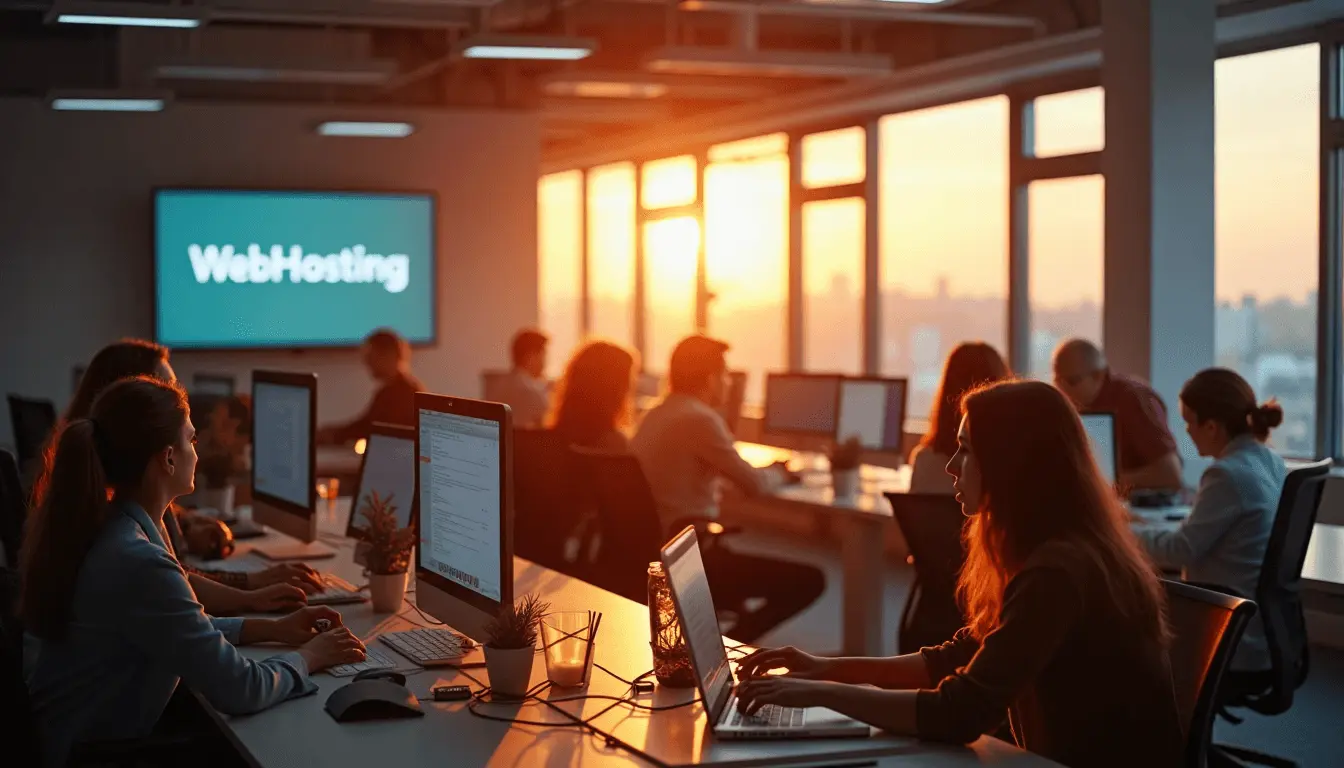 Office team collaborating in sunlit workspace, text on screen