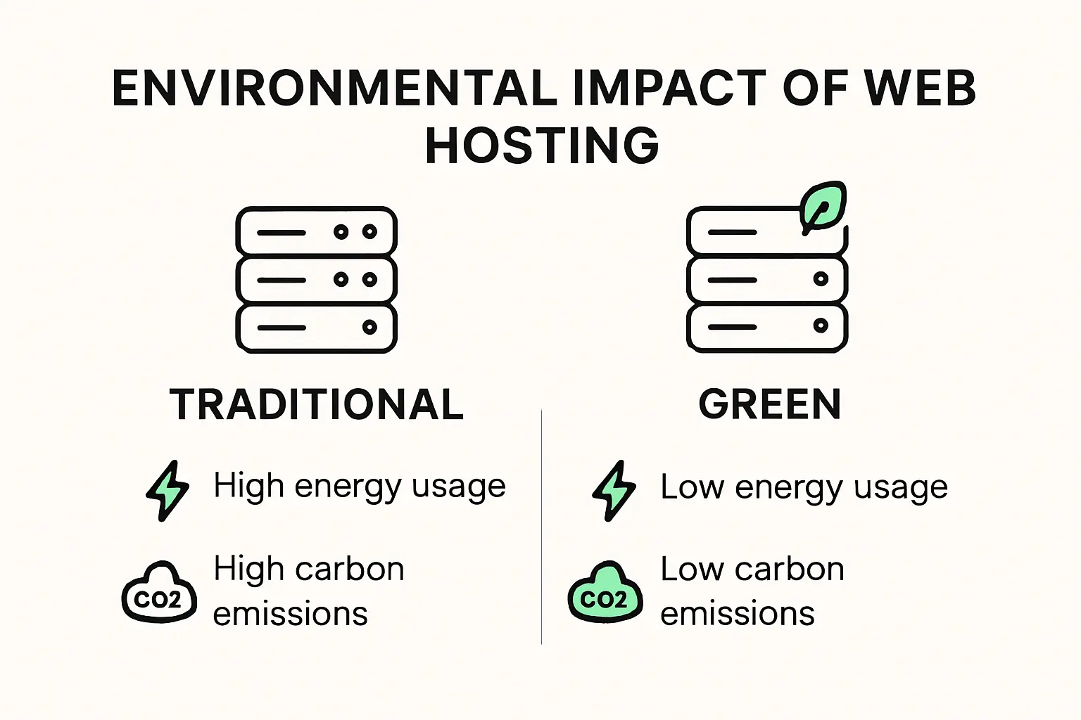 Infographic comparing traditional and green web hosting impacts