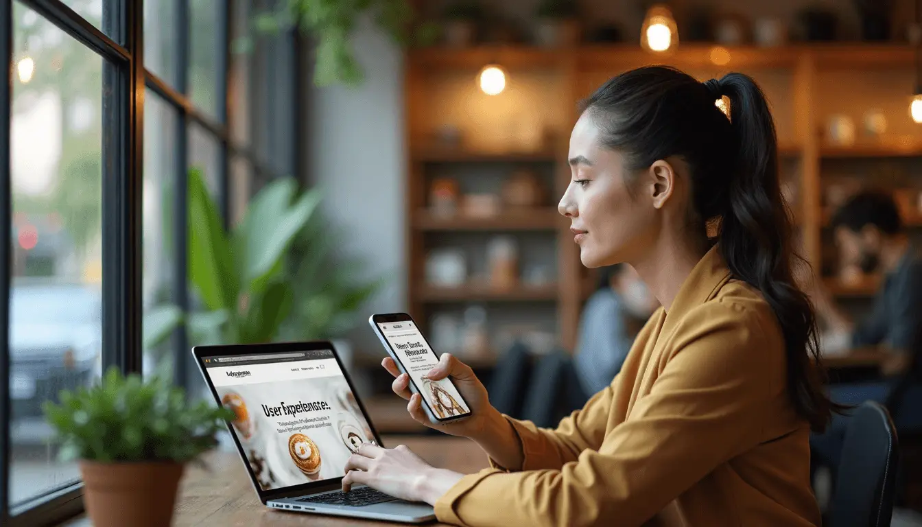 Businesswoman viewing mobile and desktop versions of website in cafe.