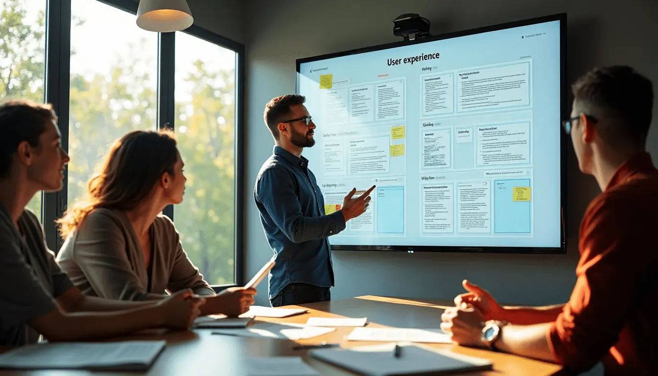 UX designer presenting website wireframes to a team focused on user experience