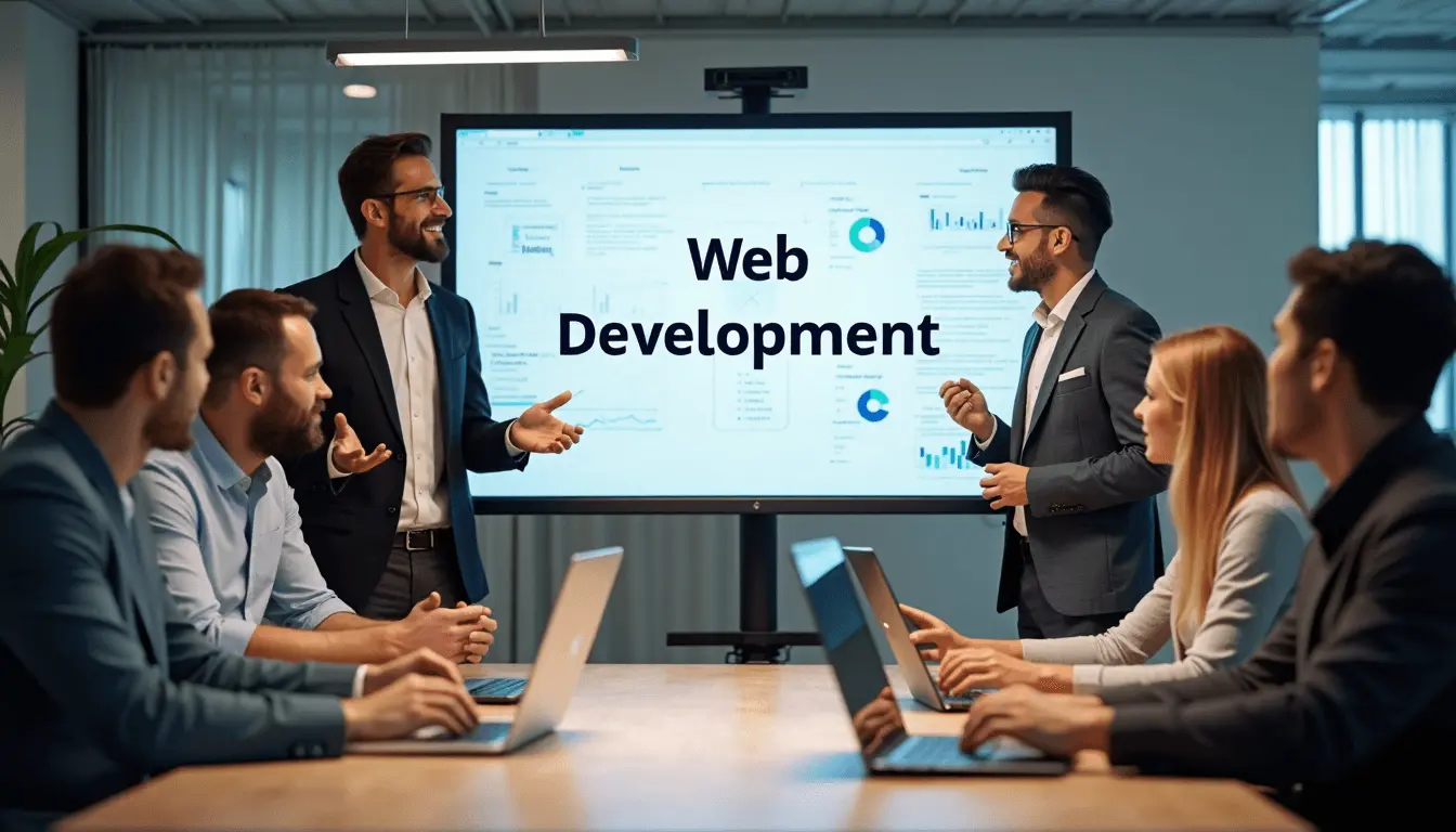 Team of web professionals collaborating in an office, discussing digital strategy and website development