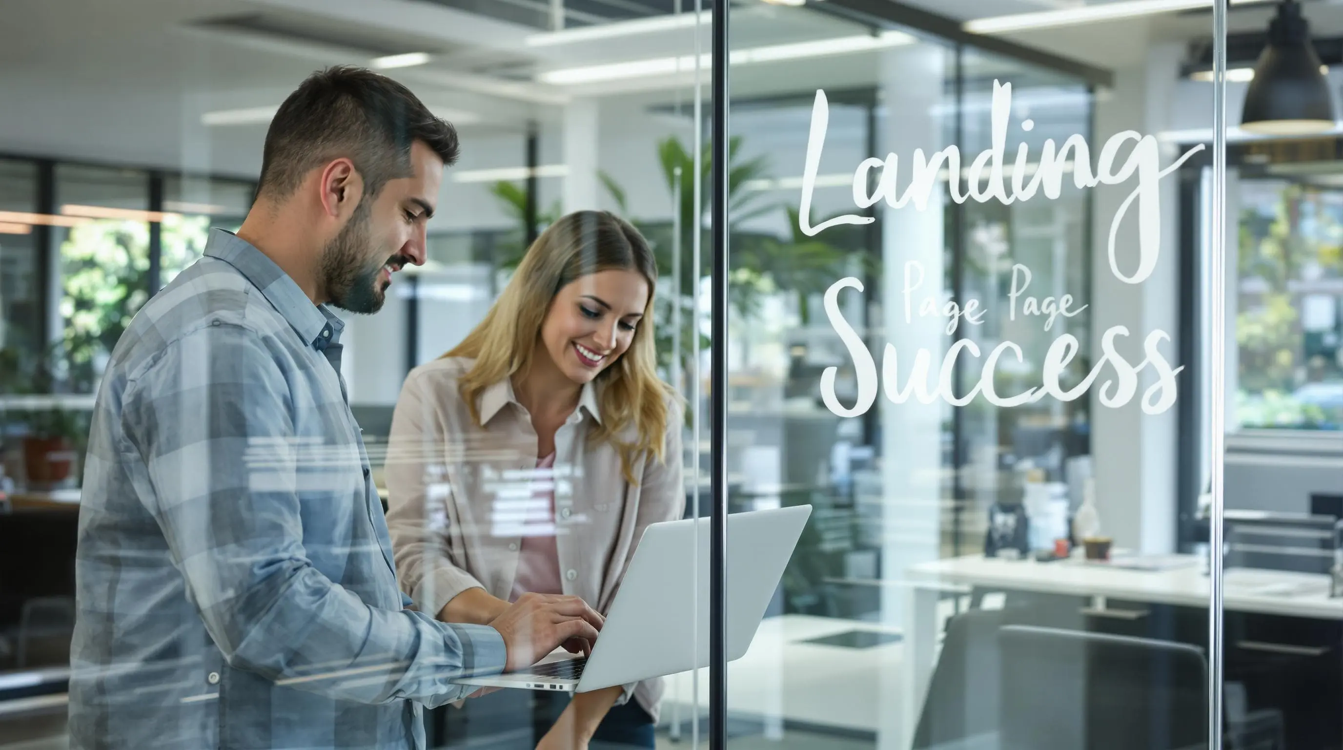 Marketing specialist and client review modern landing page in sunlit office with 'Landing Page Success' on glass wall.