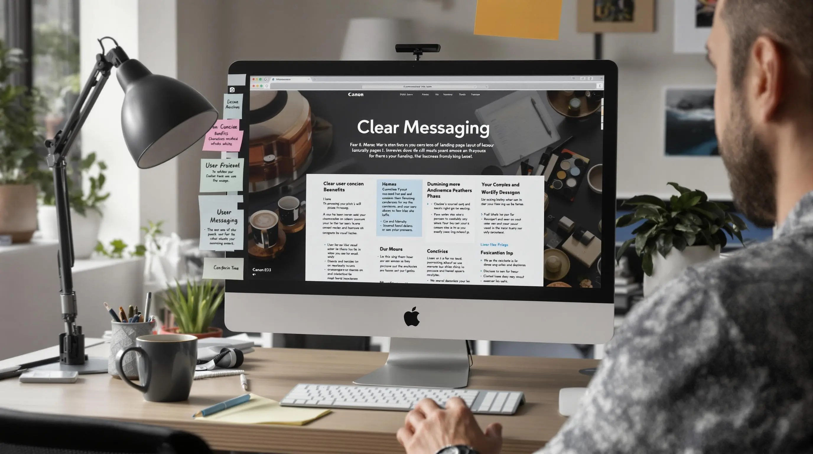 Designer working on landing page wireframe with 'Clear Messaging' header on screen.