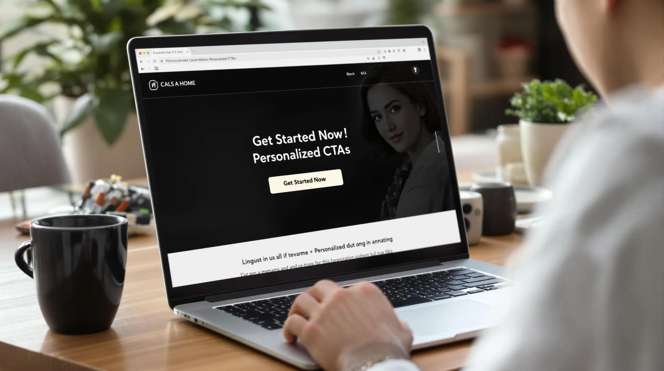 Person engaging with personalized interactive website call to action at home.