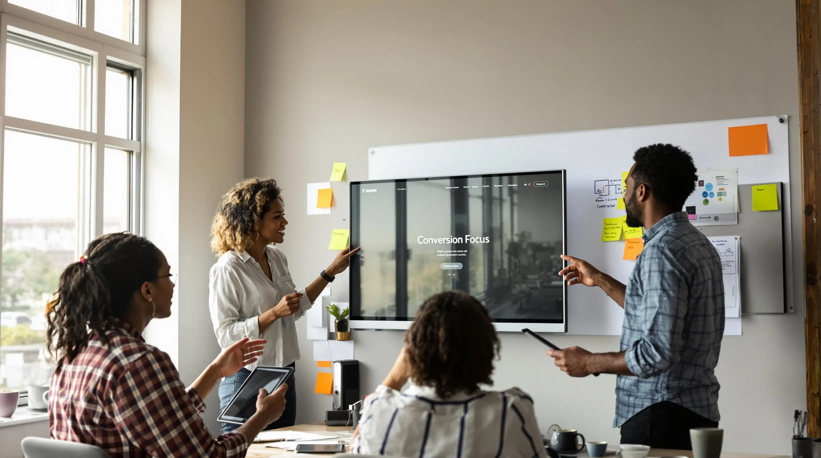 Team analyzes web landing page with 'Conversion Focus' on screen