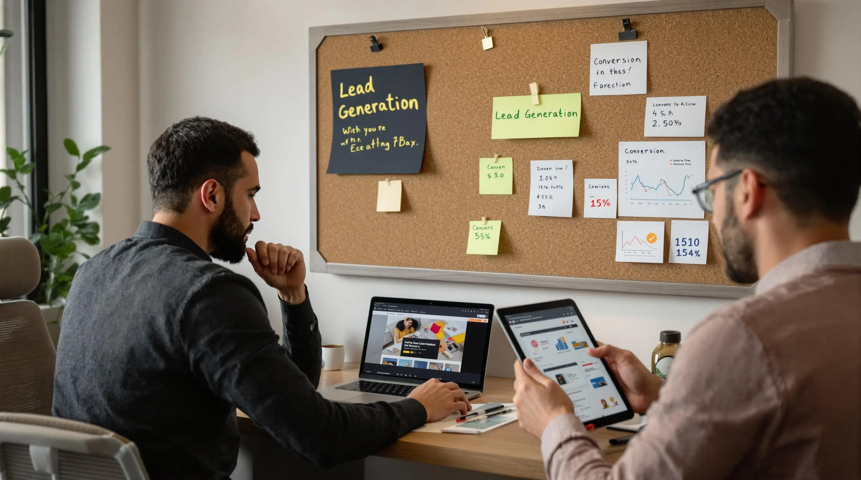 Marketers reviewing lead generation landing page and analytics
