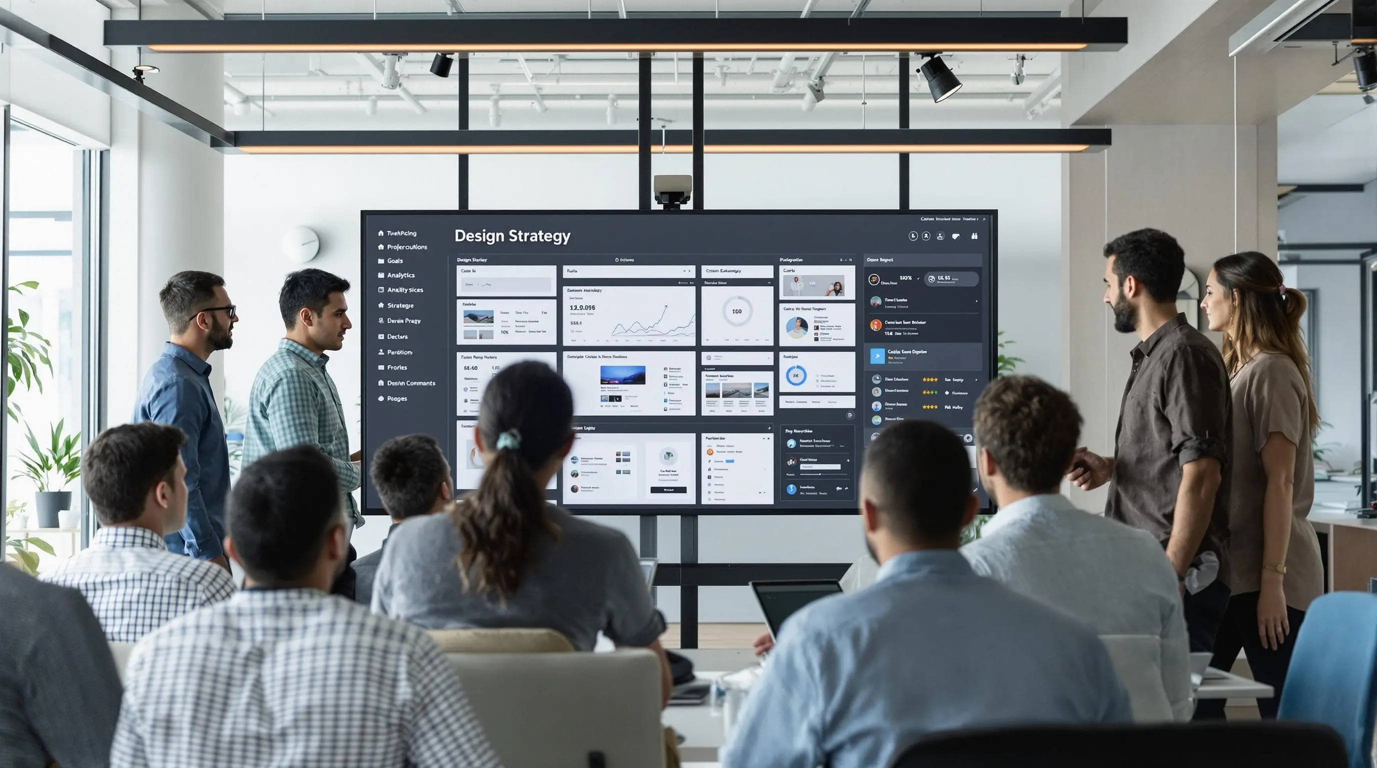 Team analyzing website redesign strategy on large digital screen in modern office
