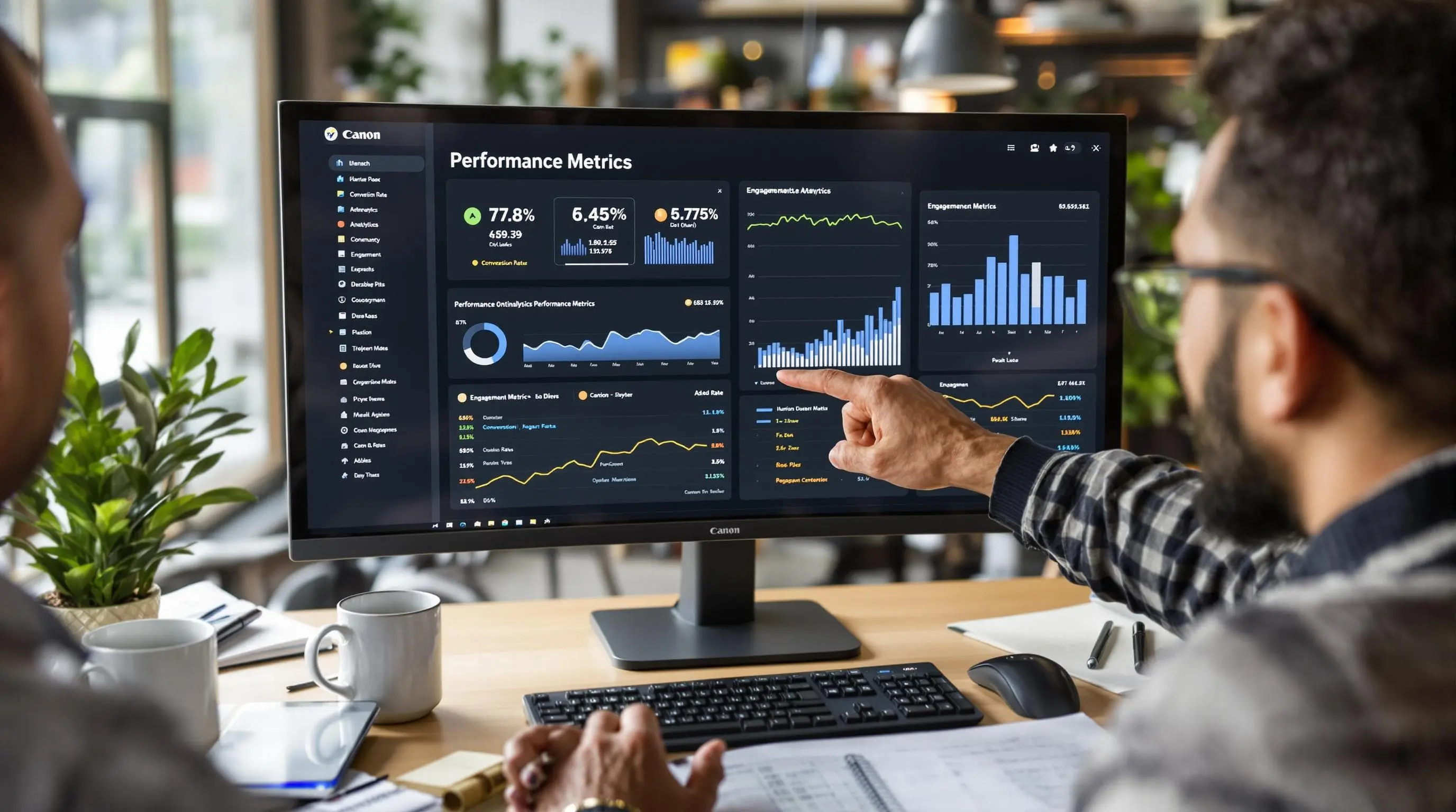 Marketers reviewing analytics dashboard highlighting performance metrics in a bright office