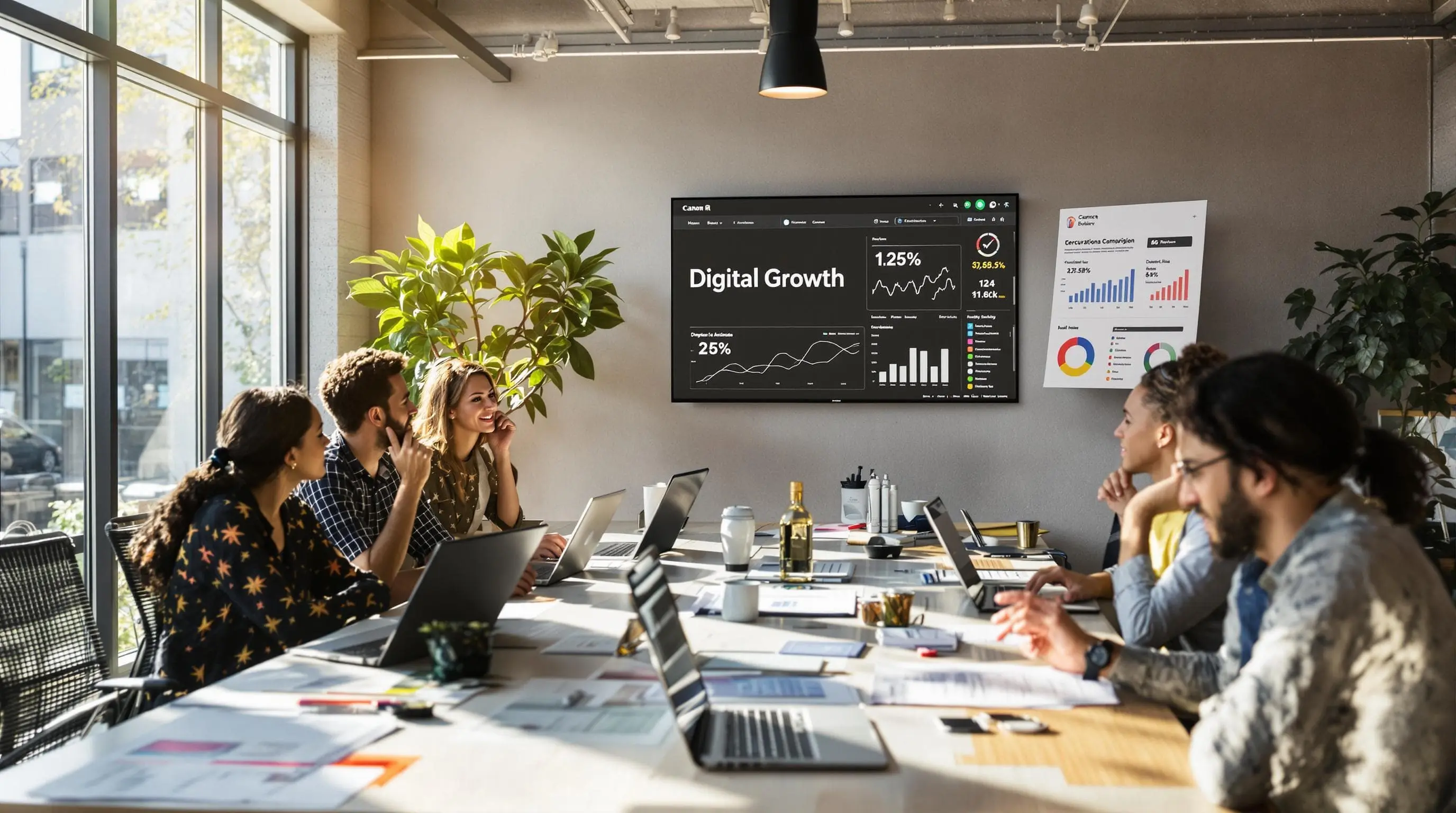 Digital marketing team strategizing in bright office with 'Digital Growth' dashboard