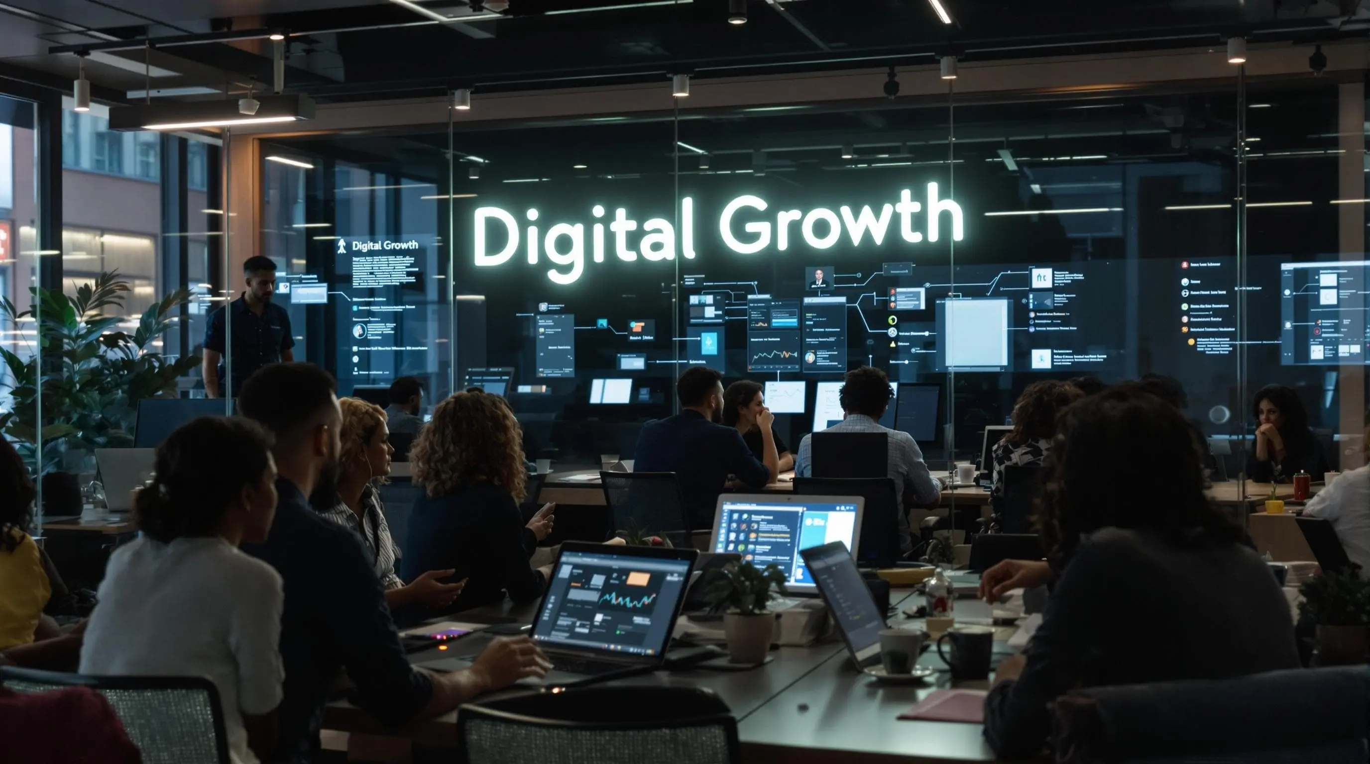Team collaborating on digital marketing strategy in a modern office