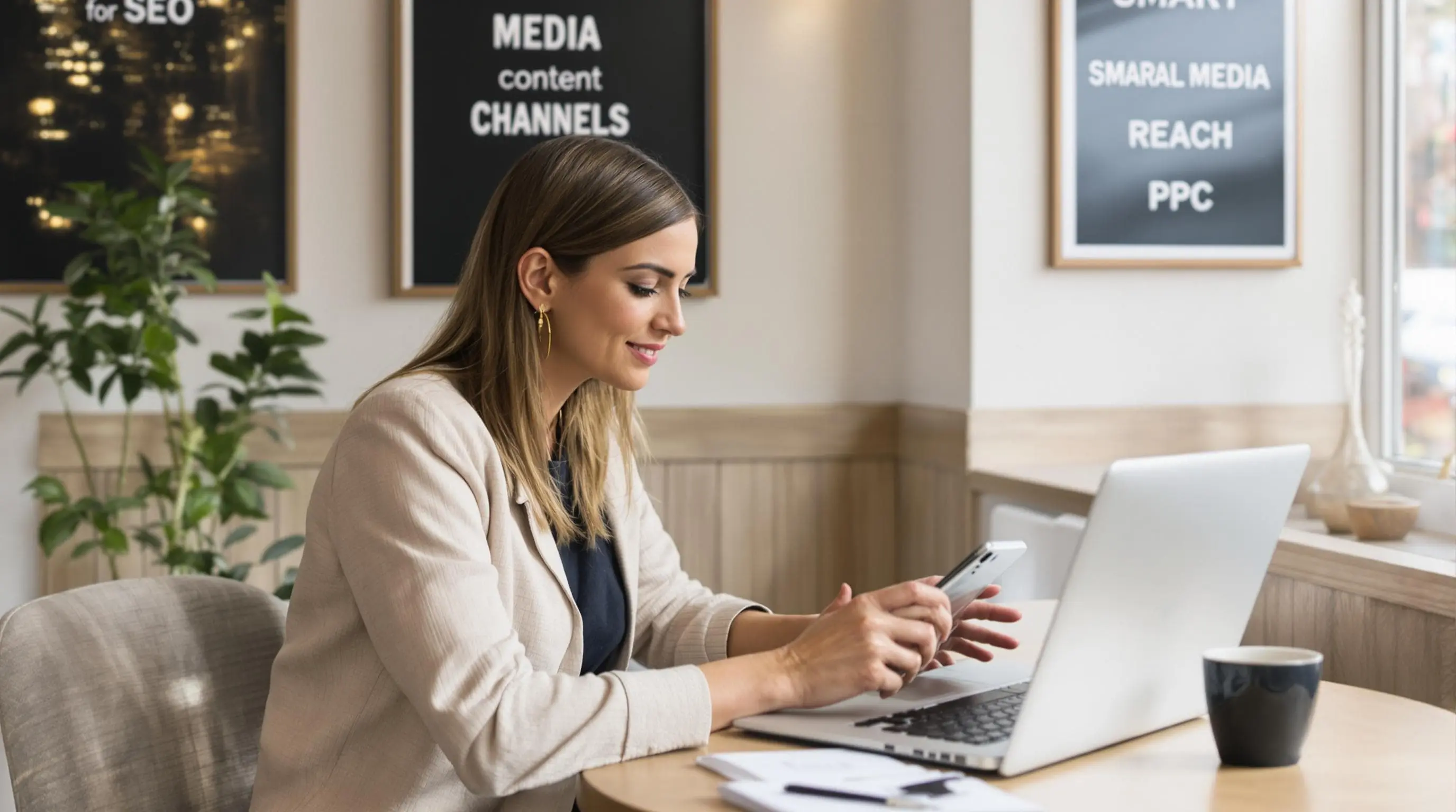 Small business owner managing multiple digital marketing channels