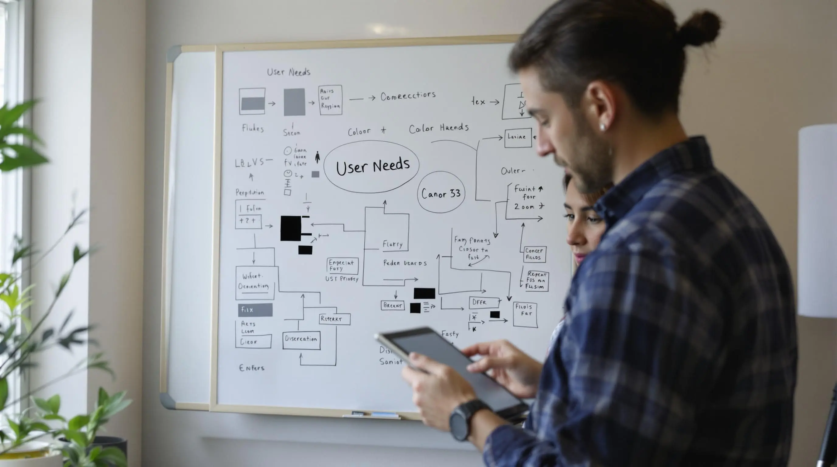 UX researcher observing usability test with 'User Needs' on whiteboard