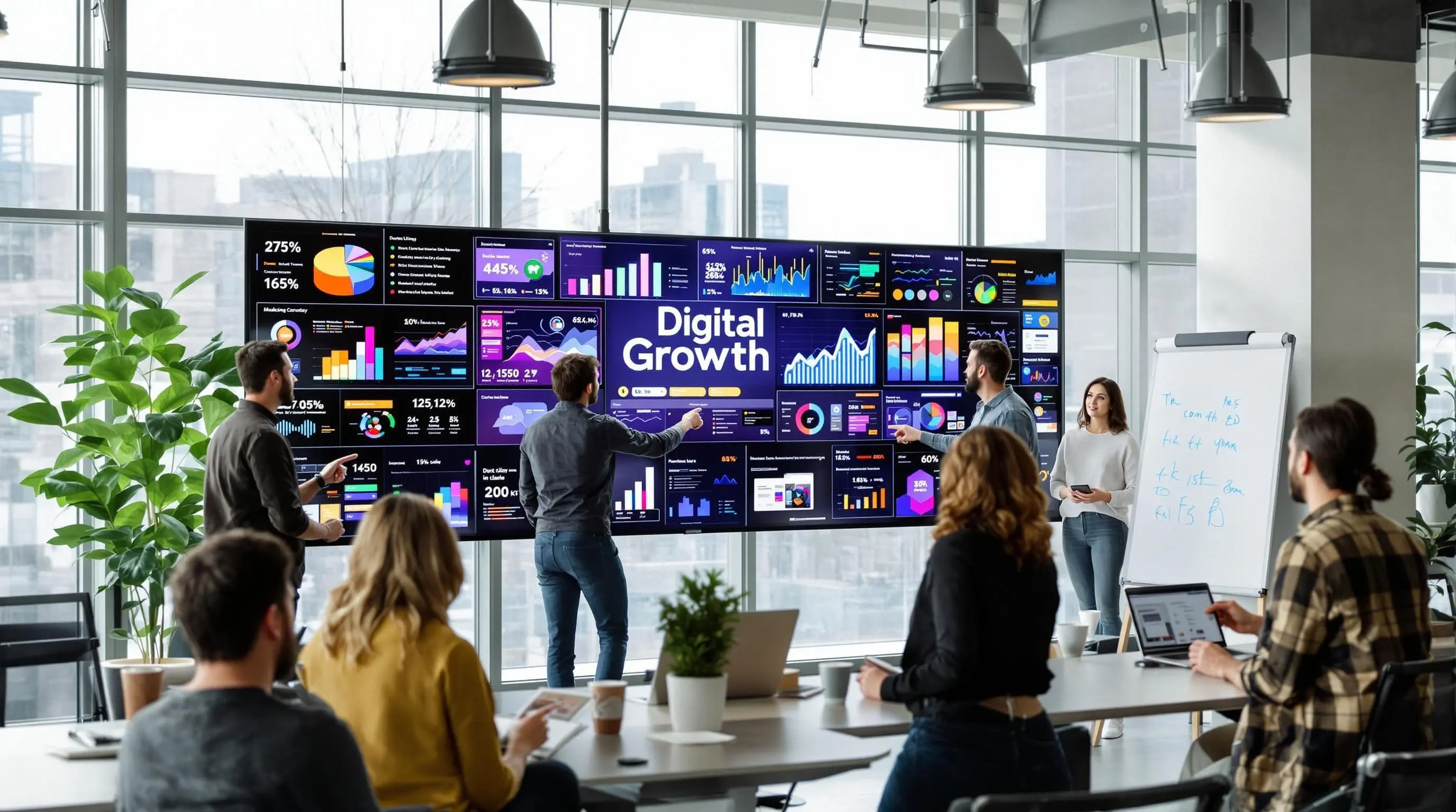 Team collaborating around digital screens on modern marketing strategies