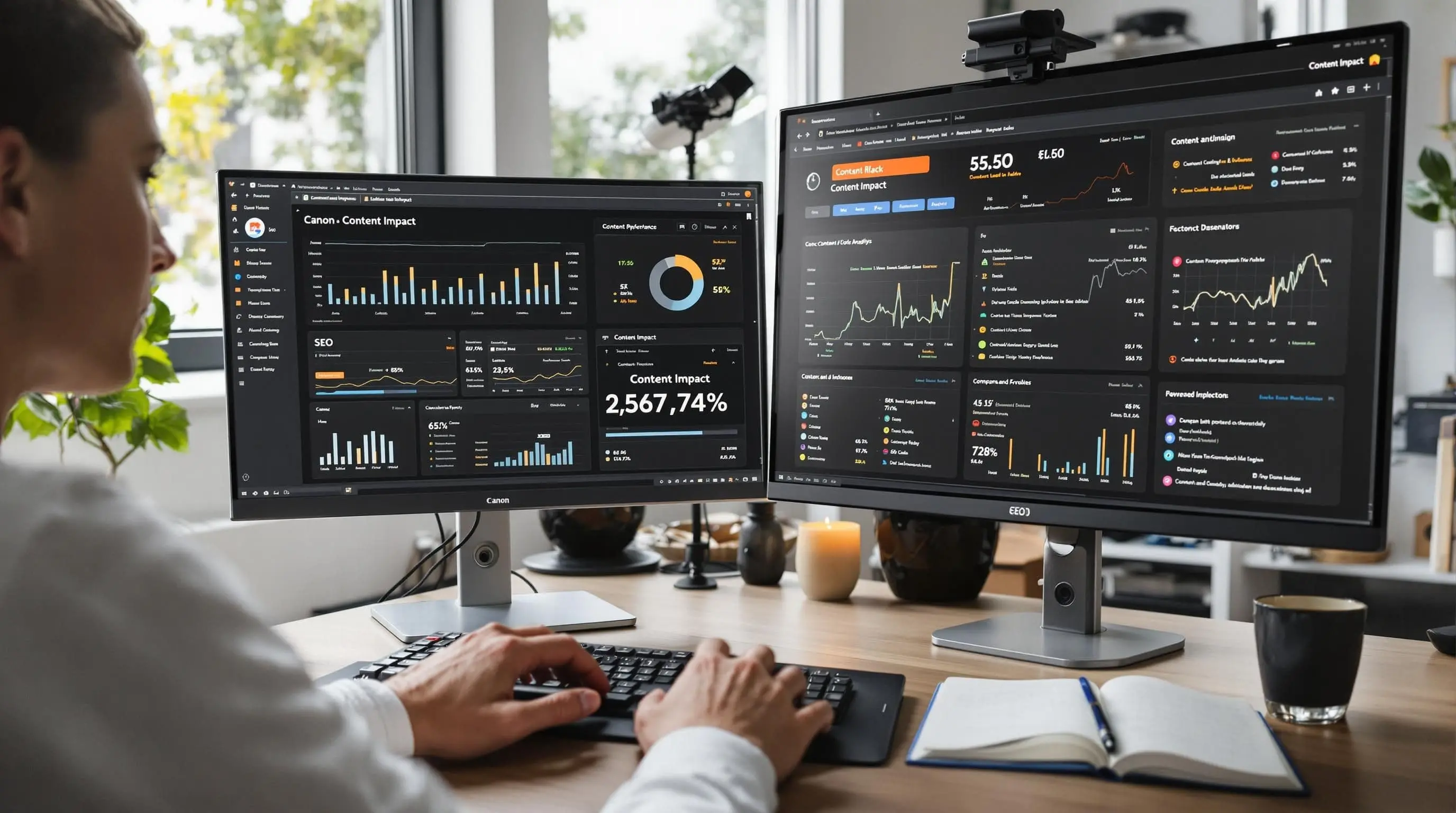 Marketer analyzing SEO and content metrics in a home office
