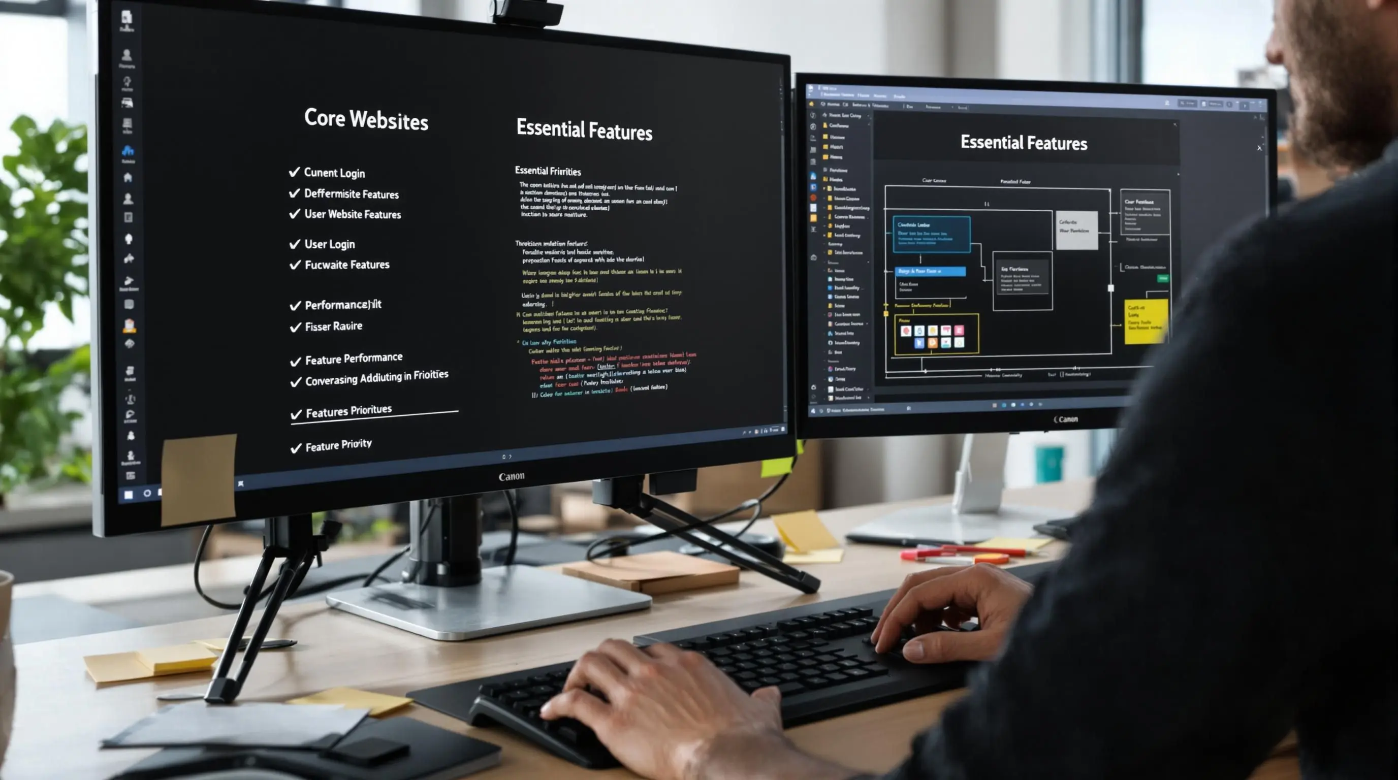 Developer reviews feature checklist and priorities in tech office workspace