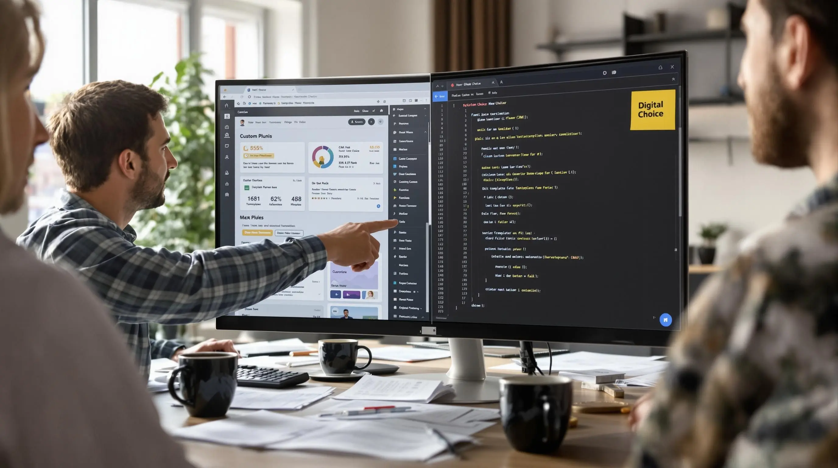 Business professionals compare CMS dashboard and custom website code on split monitor