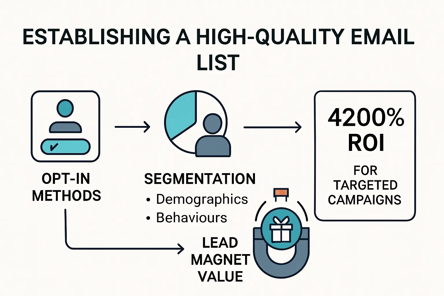 Infographic showing steps for building a quality email list: opt-in, segmentation, incentives, and maintenance.