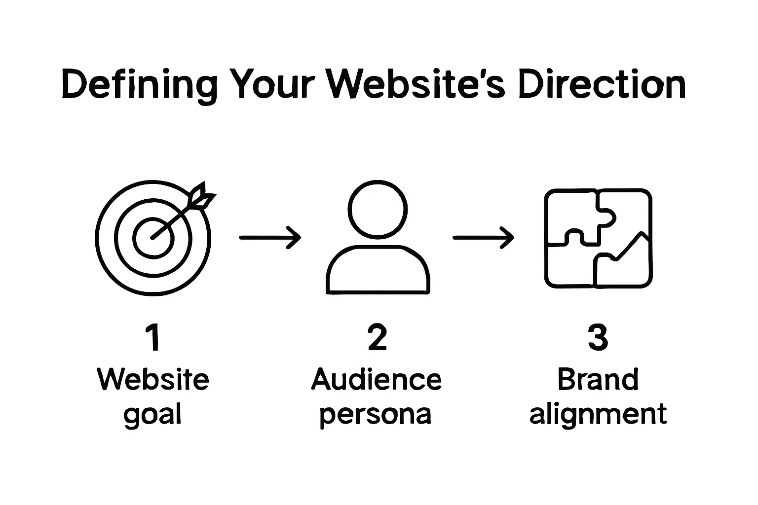 Three-step infographic showing website goal, audience, and alignment