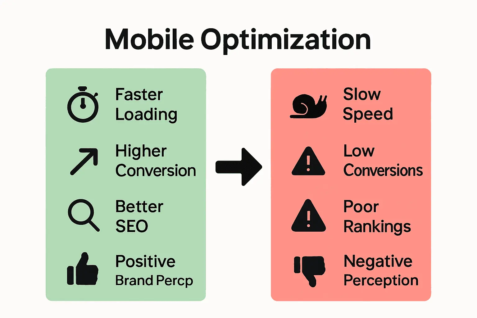 Infographic comparing benefits and risks of mobile optimization for websites.