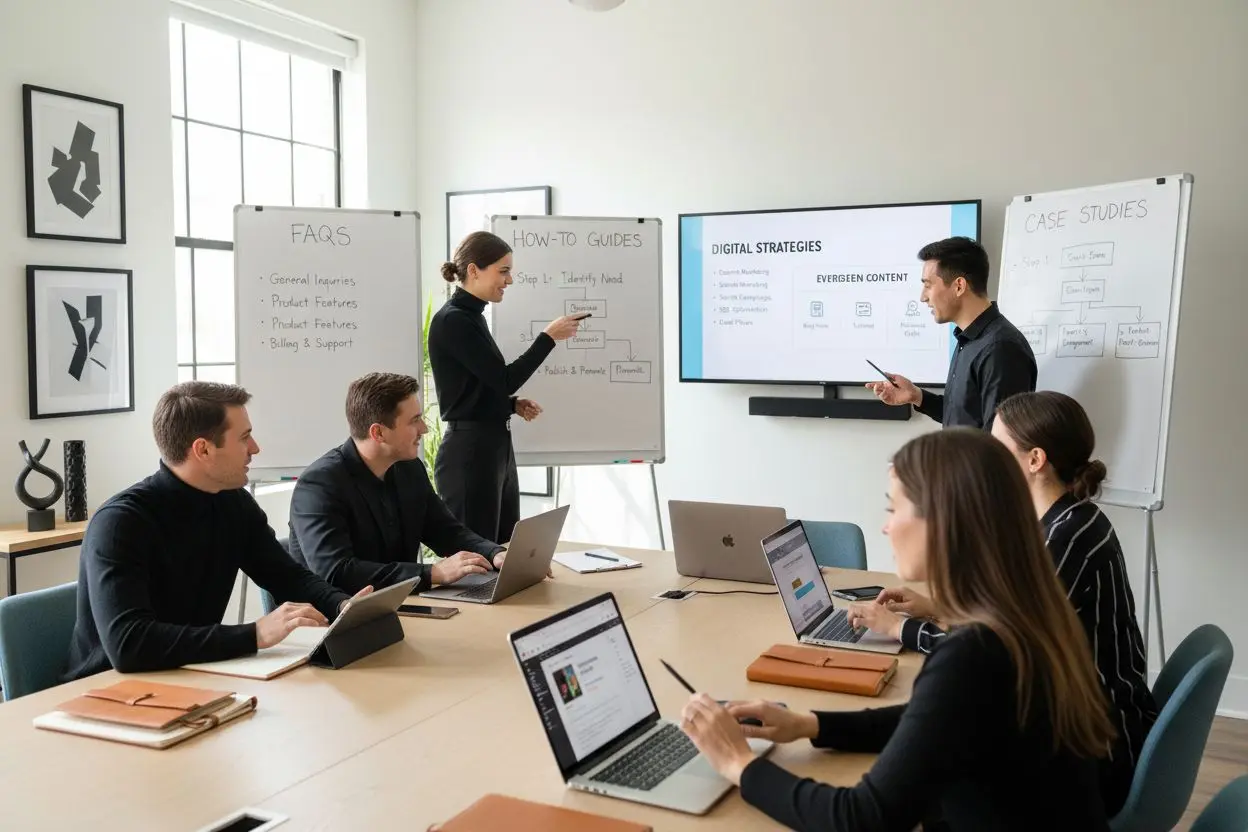 evergreen content, digital marketing teamwork, professional collaboration