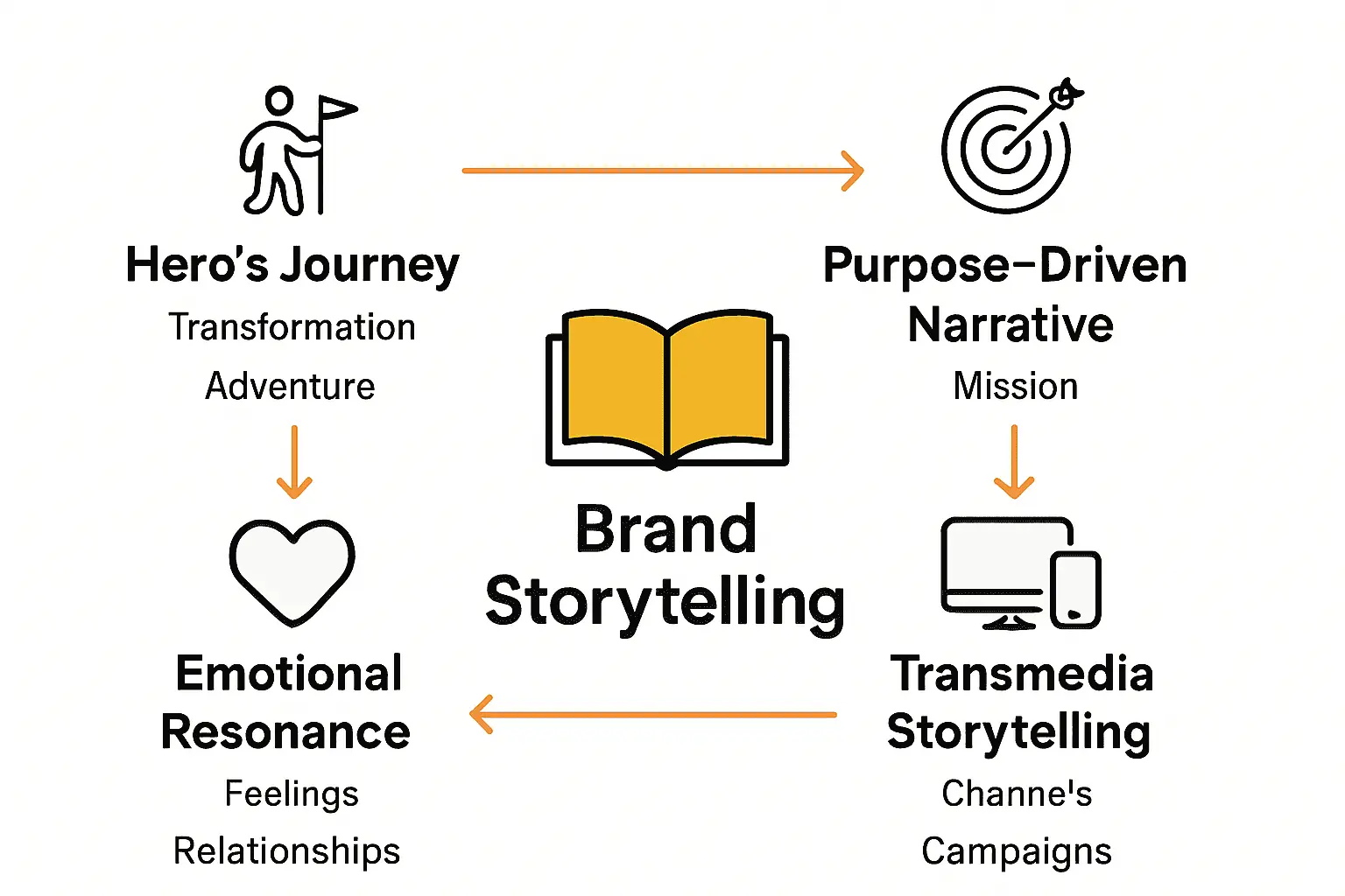 Infographic comparing key brand storytelling frameworks with icons and arrows