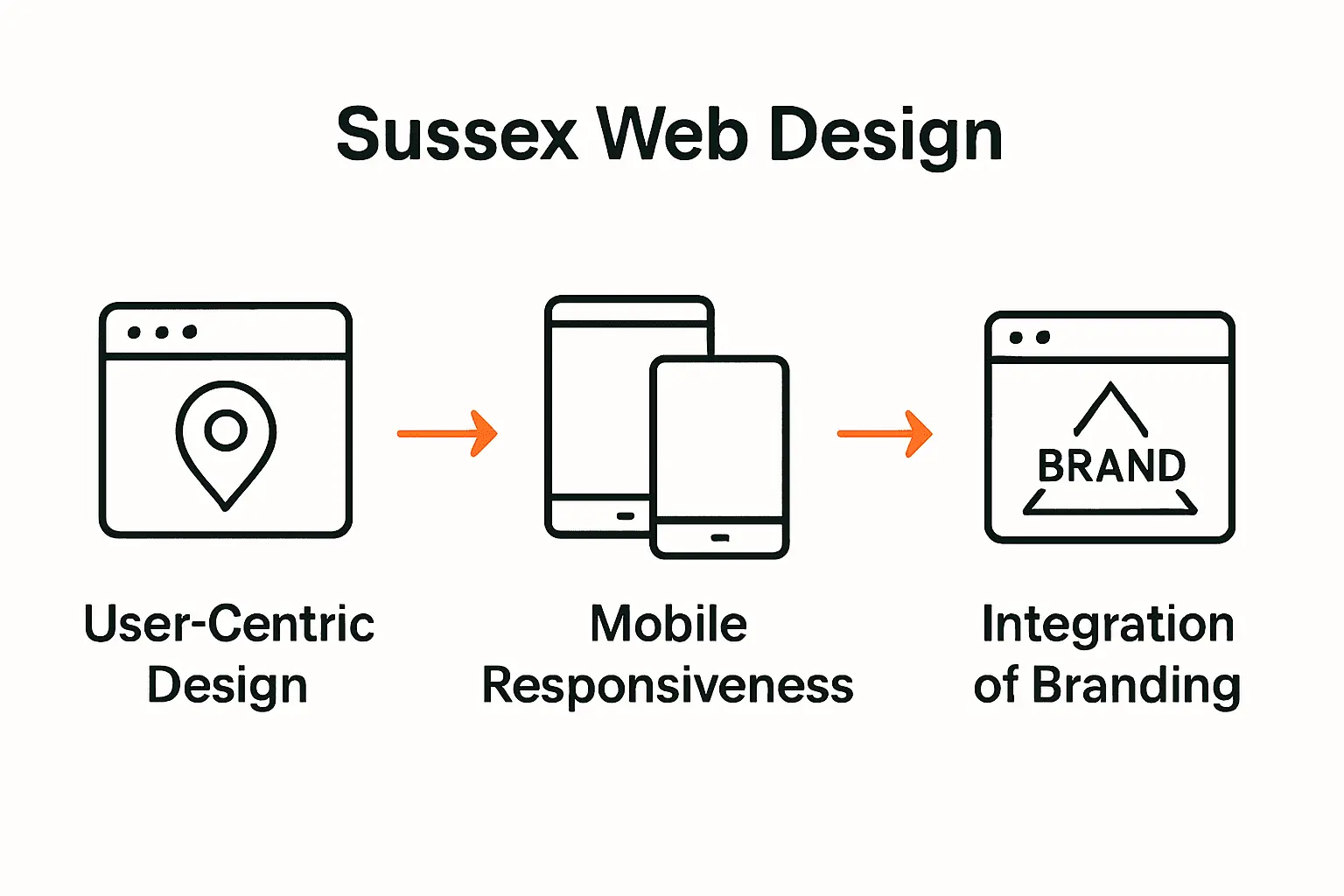 Infographic comparing user-centric design, mobile responsiveness, and branding integration in Sussex web design.