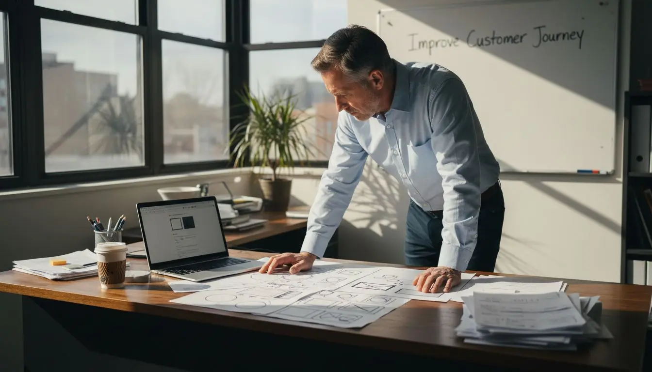 Business owner reviews user experience sketches