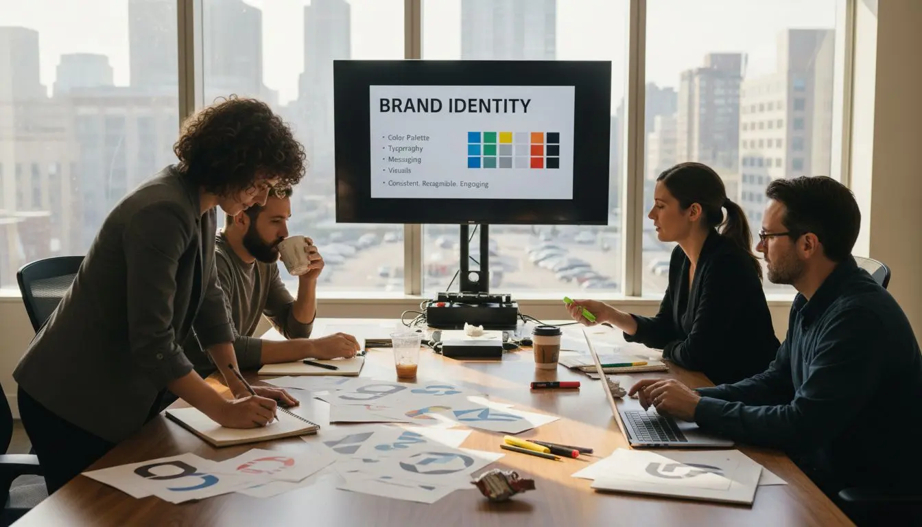 Team discussing branding in bright office