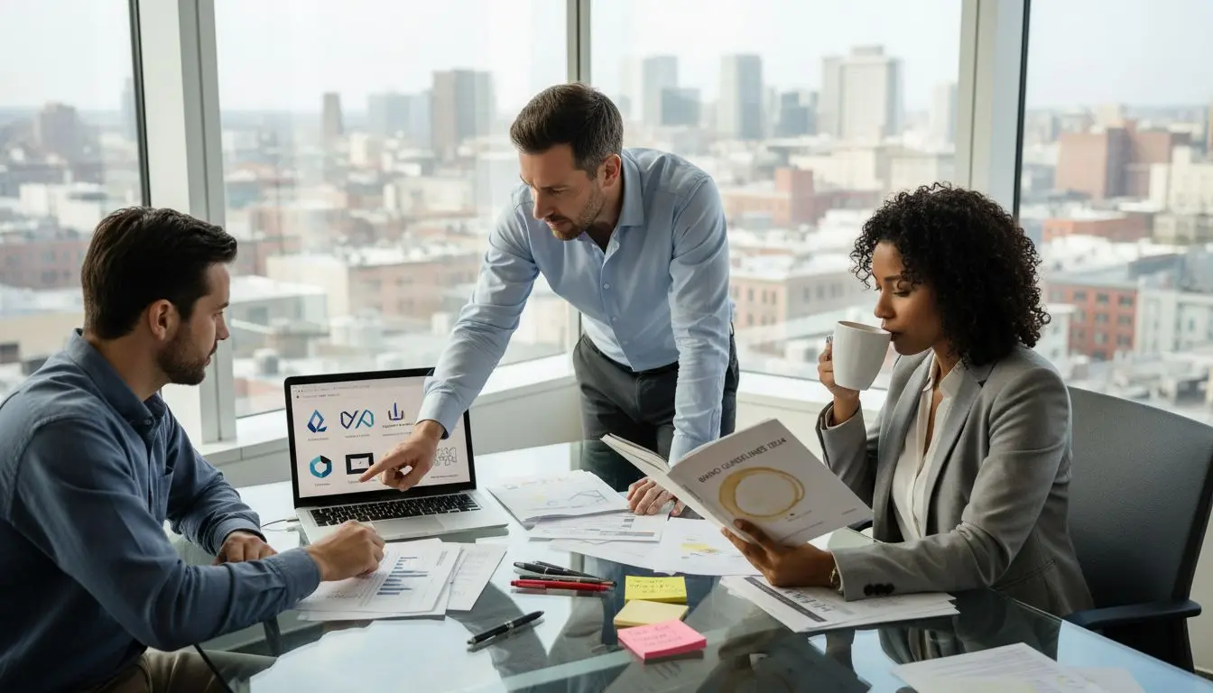 Team reviewing branding in bright office