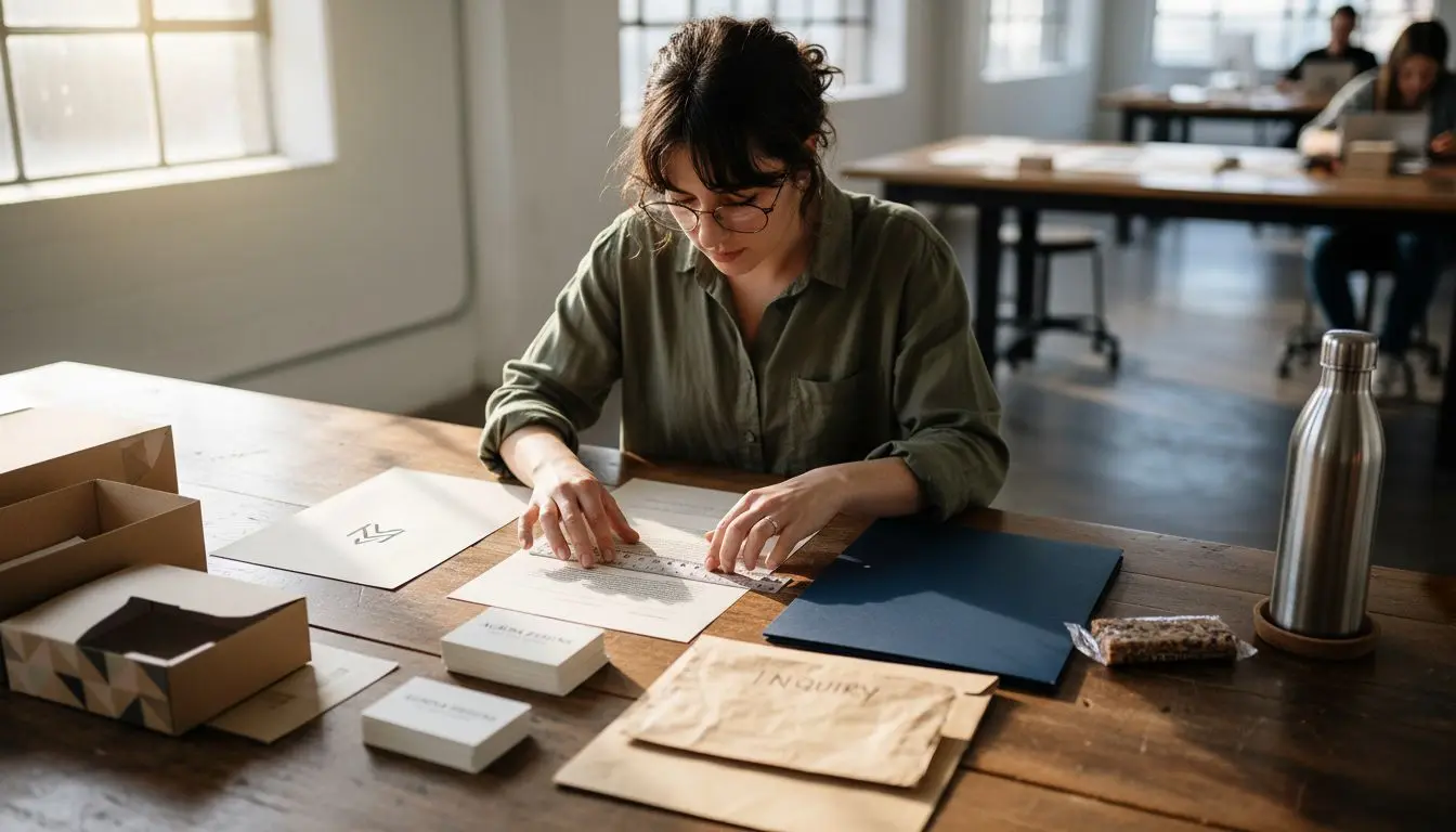 Designer organizing branded business materials