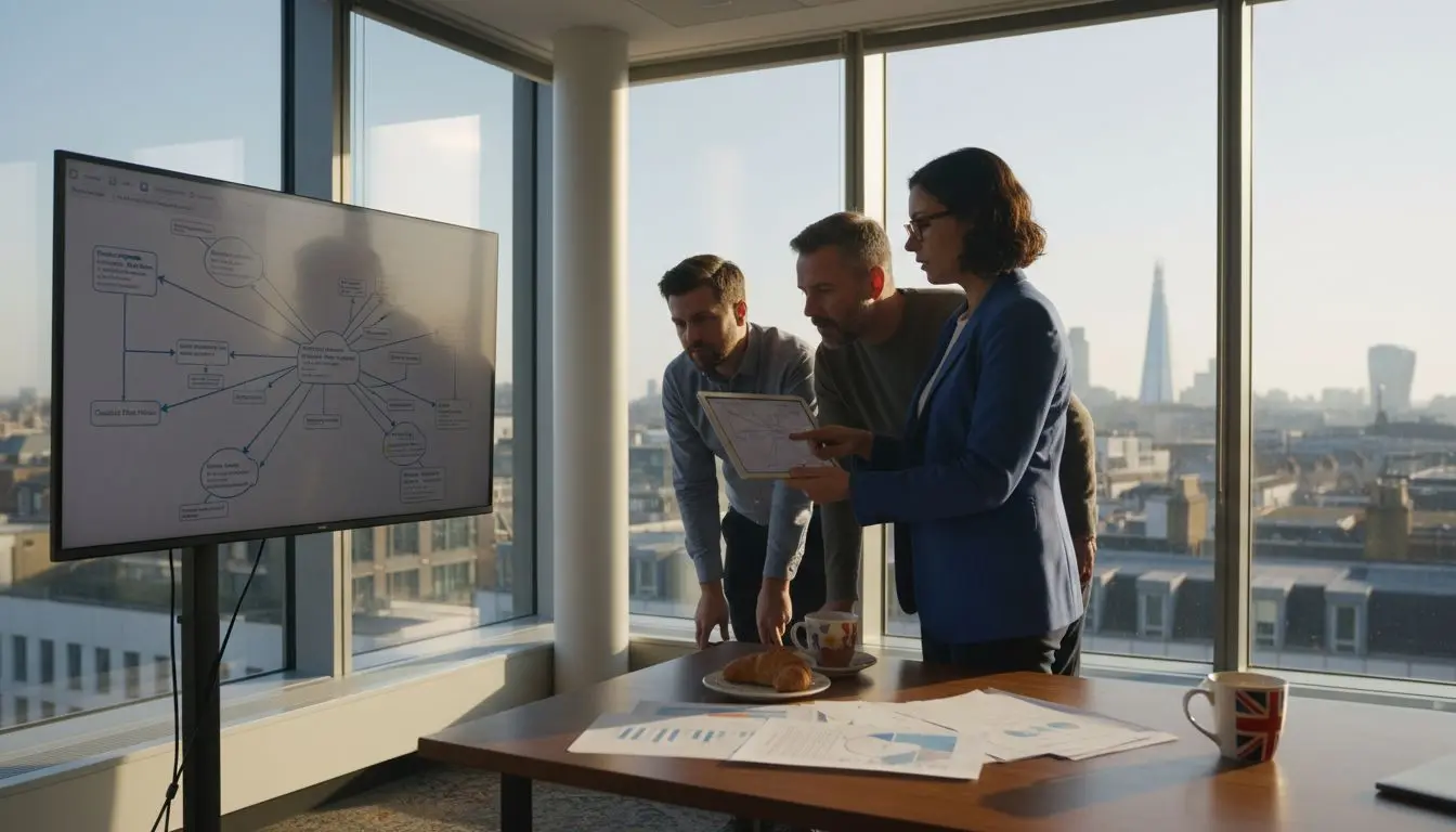 Team reviewing cloud diagram in office