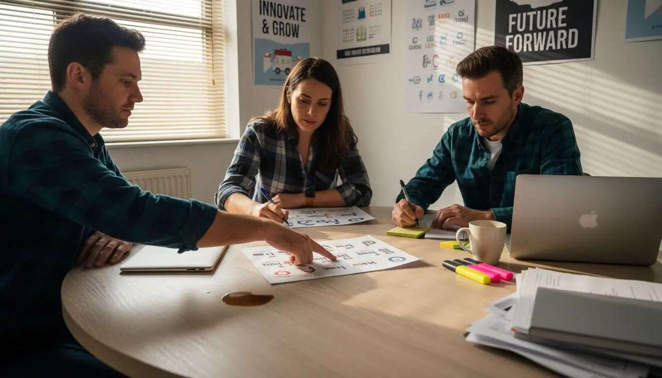 Team reviewing multiple printed logo designs
