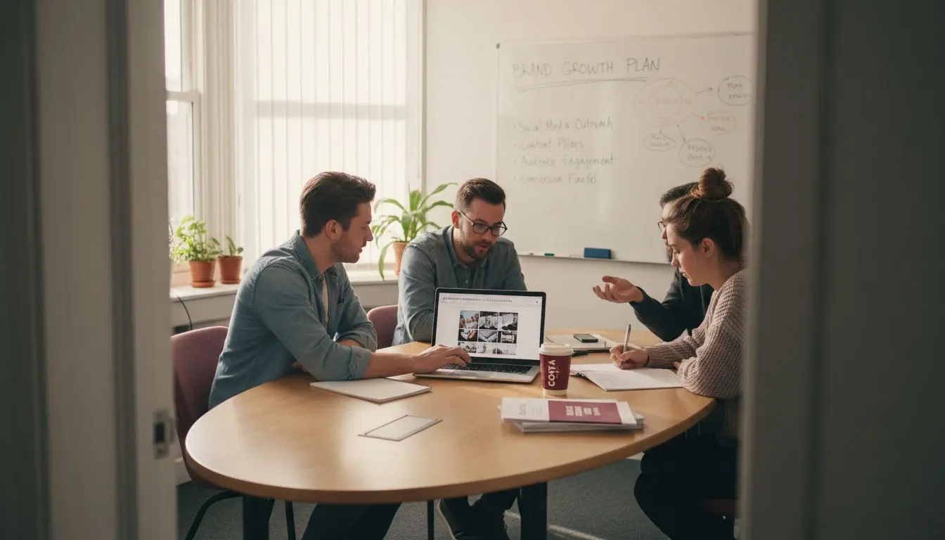 Team planning video strategy in office