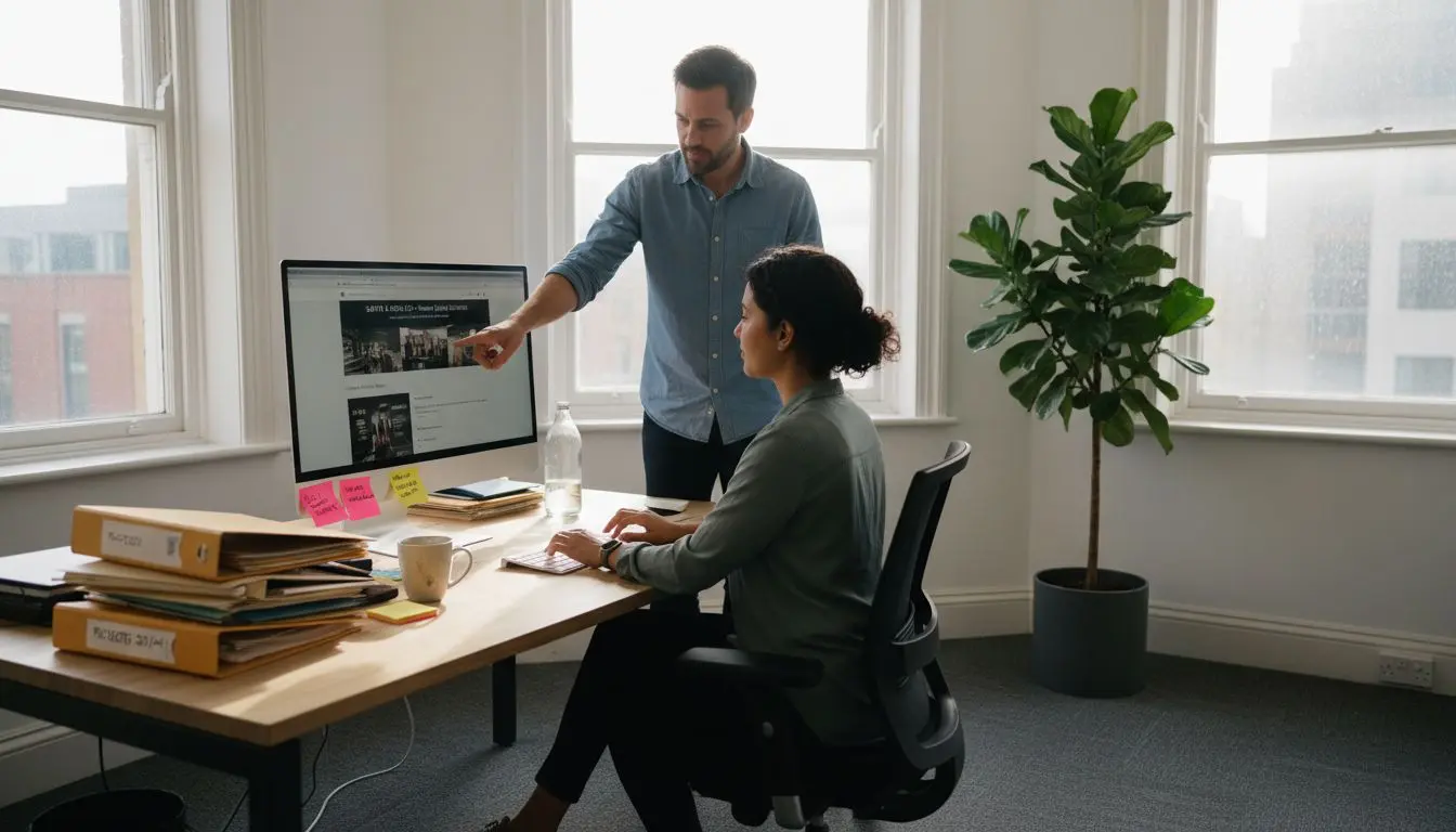 Team reviewing homepage in corner office