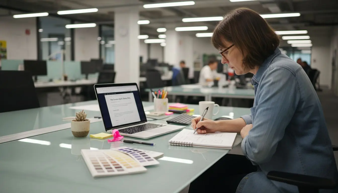 Designer planning blog homepage wireframes