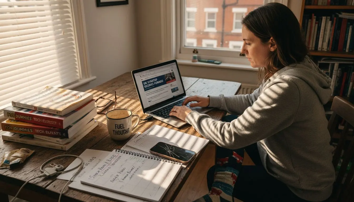 Entrepreneur setting up business blog on laptop