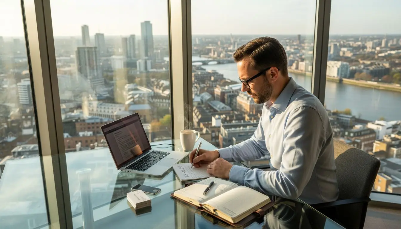 Entrepreneur planning day in sunlit corner office