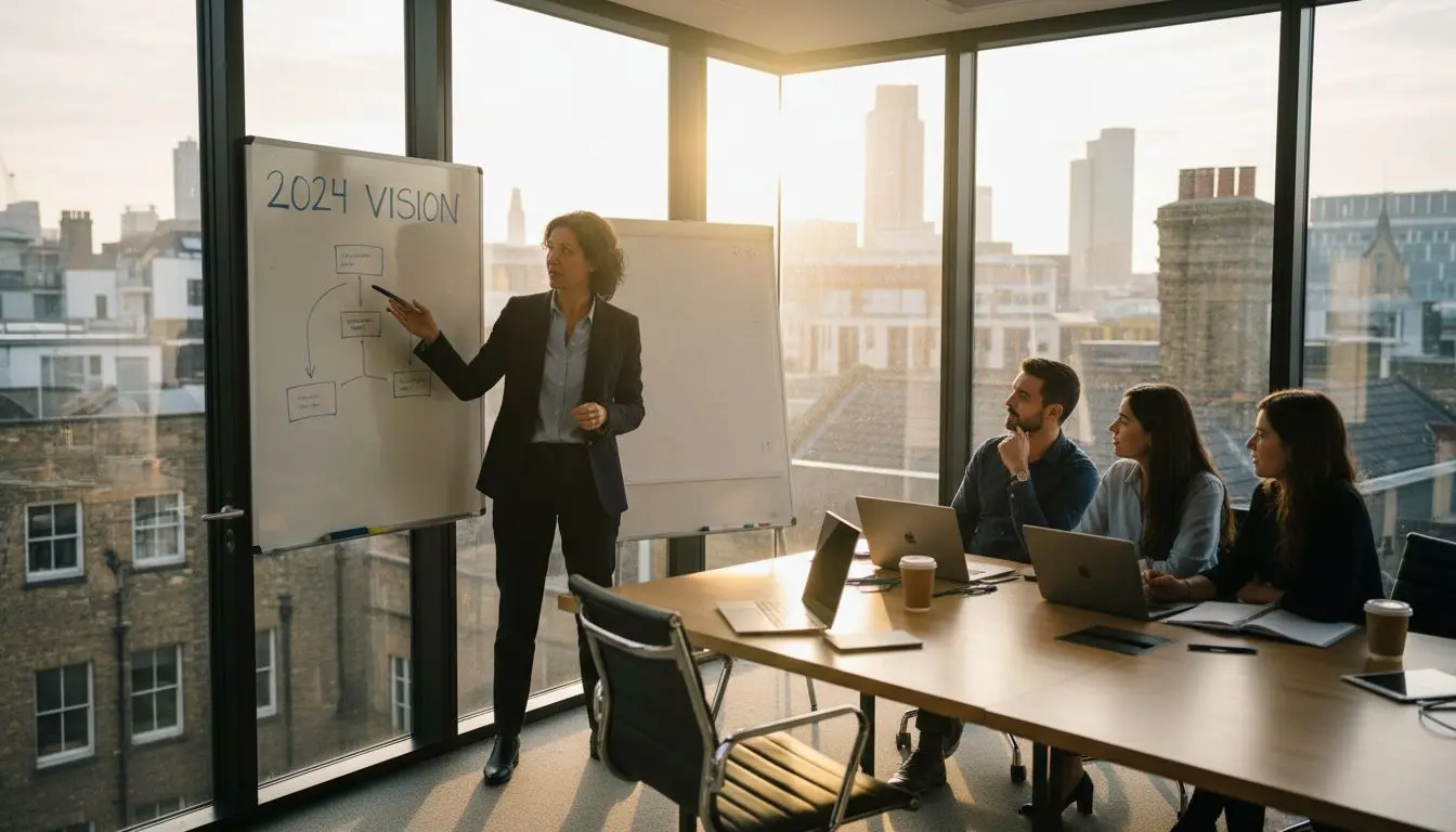 Entrepreneur leading team meeting in bright office