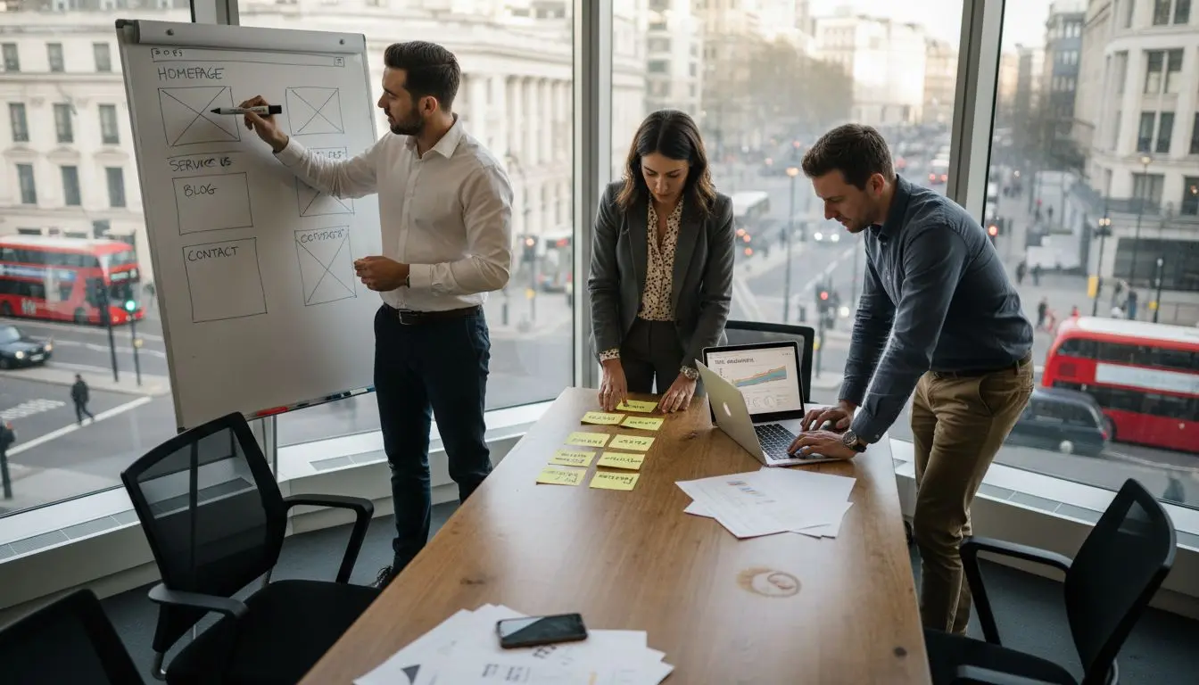 Business team planning website structure in office
