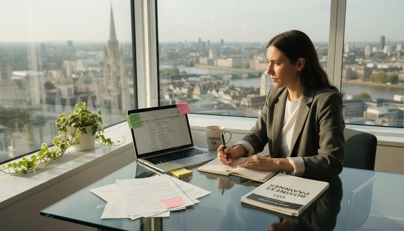 Entrepreneur multitasking in bright city office workspace