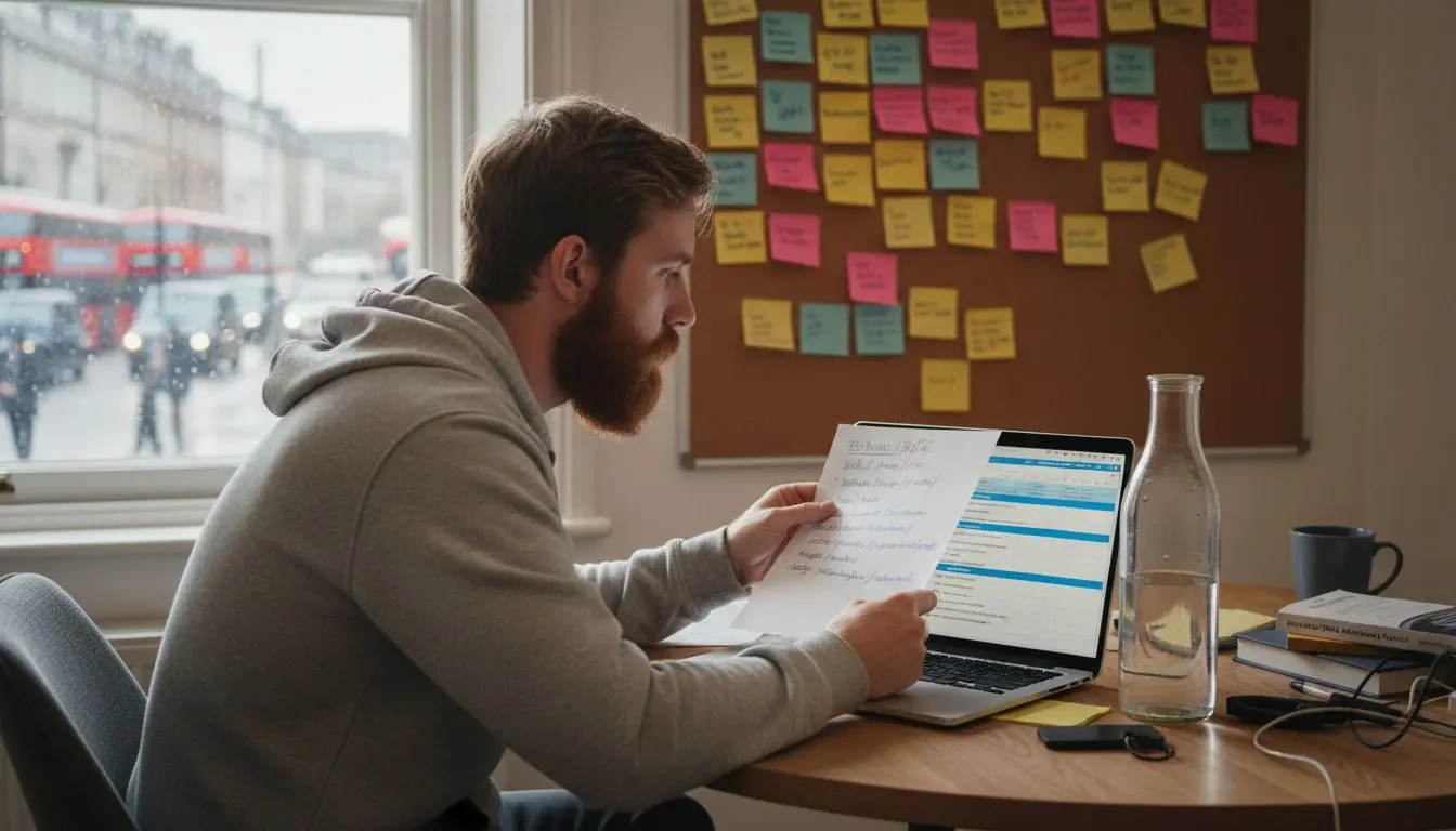Marketer reviewing SEO link building notes