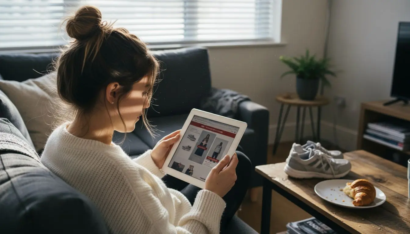 Woman shopping online on sofa with tablet