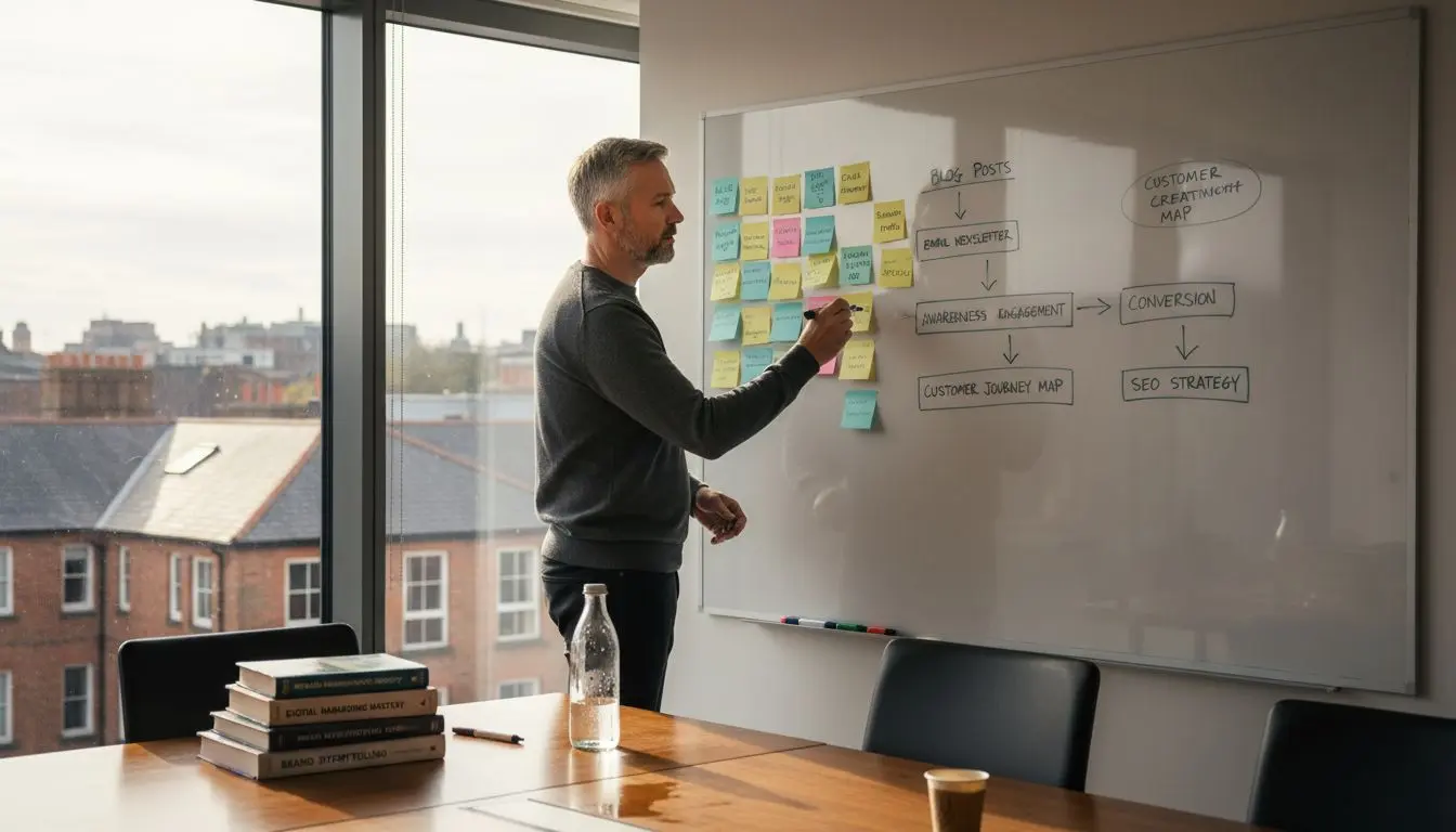 Marketer sketching content ideas on whiteboard