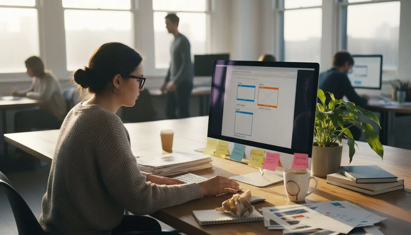 Web designer reviewing digital wireframe placement