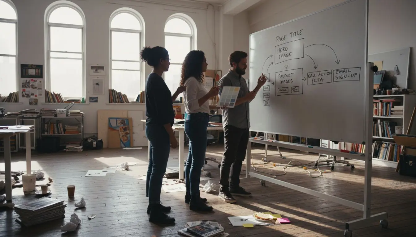 Team sketching visual layout on whiteboard