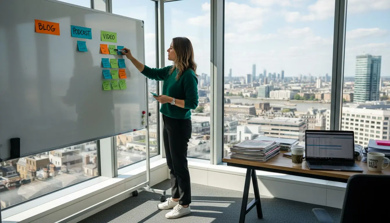 Marketing manager plans content on whiteboard