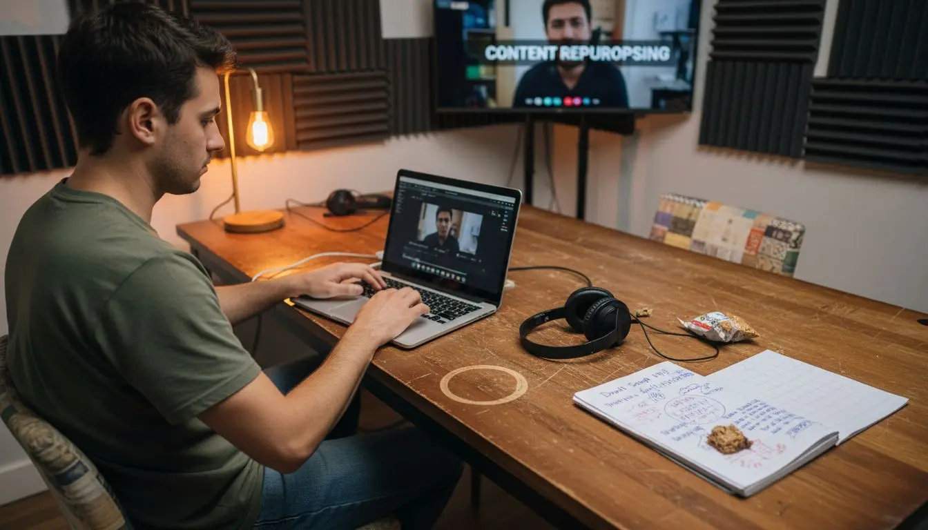 Man edits repurposed video in podcast studio
