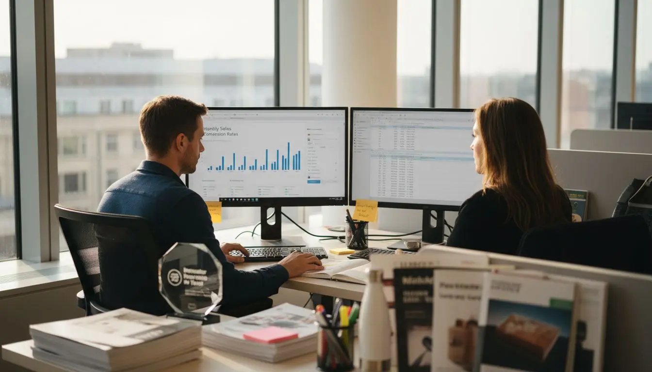 Marketing experts reviewing online sales metrics