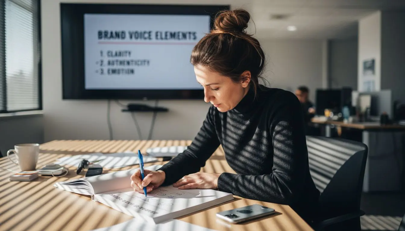 Manager reviewing brand voice style guide